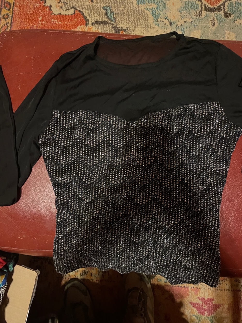 Black Sparkle Bling-Bling Knit Long-sheer Sleeve Top and upper neck! Size S